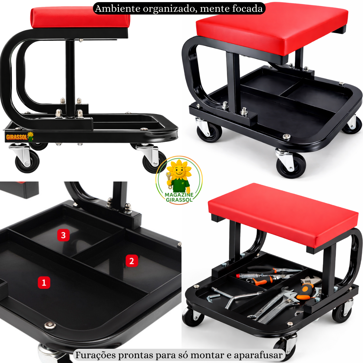 Ver mais imagens de Banquinho Banqueta Mecânico Oficina 150kg Bandeja 3 Divisórias Assento Rodinhas 360 Graus Brs