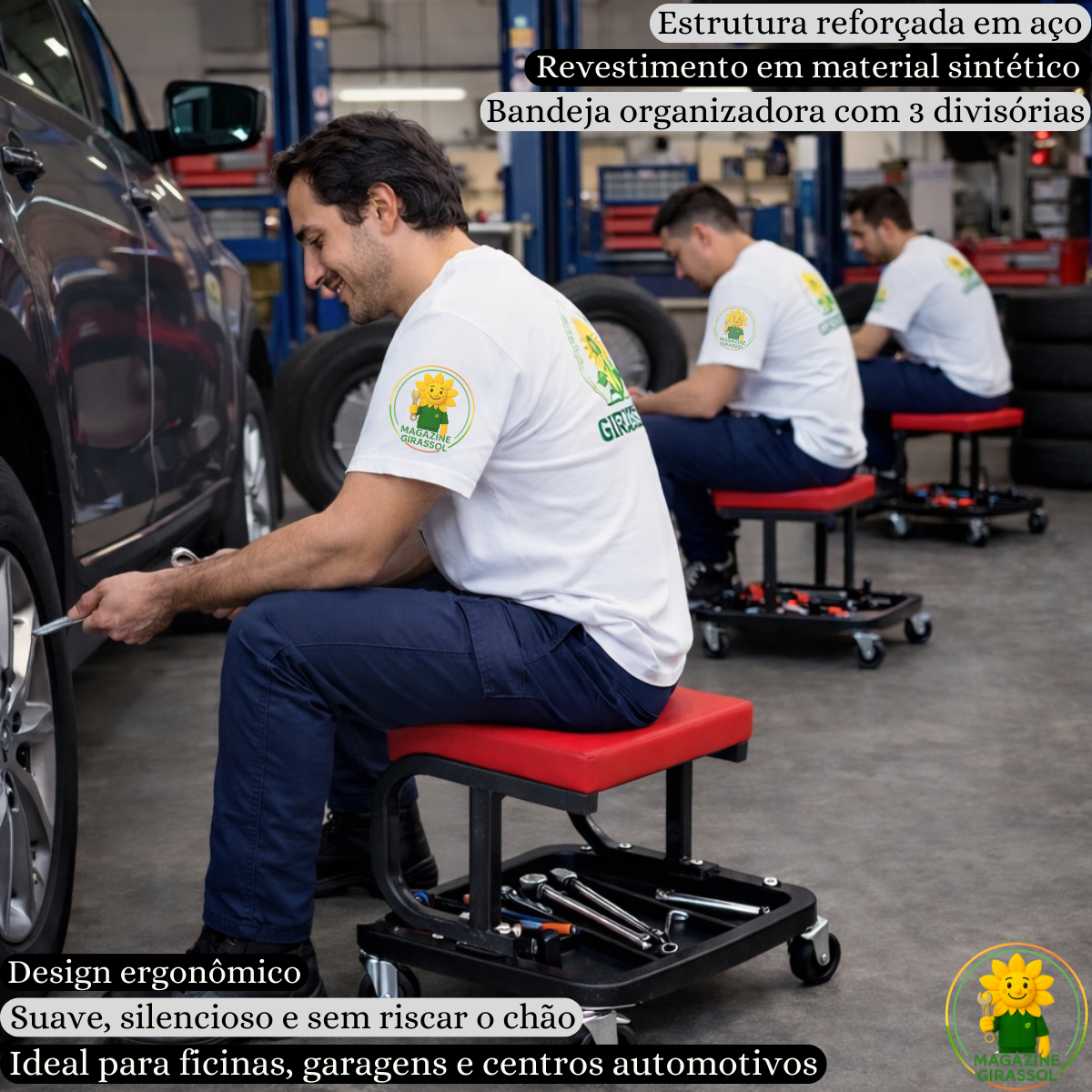 Ver imagem 5 de Banquinho Banqueta Mecânico Oficina 150kg Bandeja 3 Divisórias Assento Rodinhas 360 Graus Brs