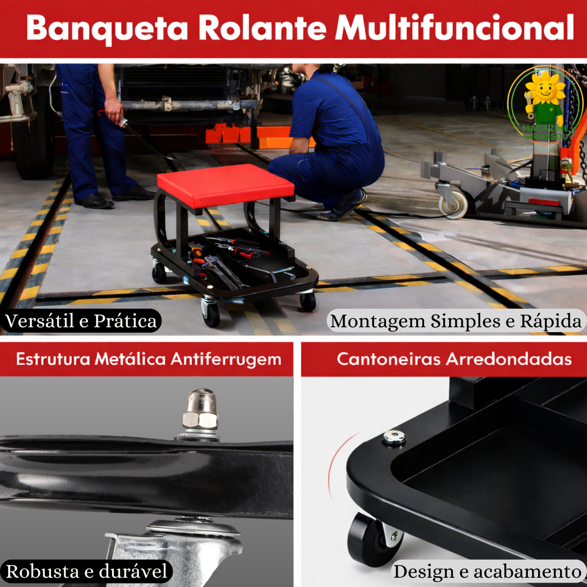 Ver imagem 7 de Banquinho Banqueta Mecânico Oficina 150kg Bandeja 3 Divisórias Assento Rodinhas 360 Graus Brs