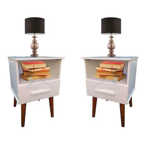 Kit C/ 02 Criado Mudo Retrô 1 Gaveta Branco ROMAR 55 Preto