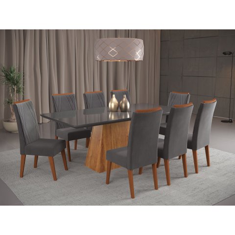 Mesa de Jantar Retangular Sylk com 8 Cadeiras Madeira Maciça Vegas Yescasa Cinza/Mel/Grafite