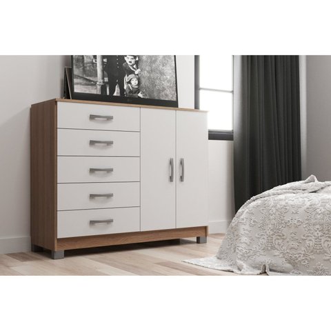 Cômoda para Quarto 5 Gavetas e 2 Portas Premium Branco/Demolição