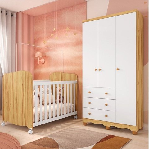 Quarto de Bebê Guarda-Roupa 3 Portas e Berço Mimo 100% MDF Espresso Móveis Branco Brilho/Amêndoa