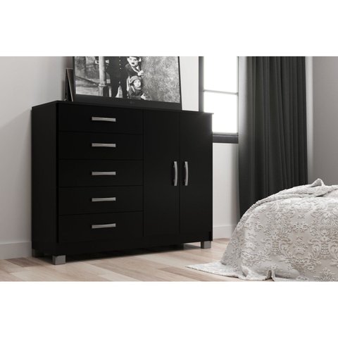 Cômoda com Pés 2 Portas 5 Gavetas 123cm Preto