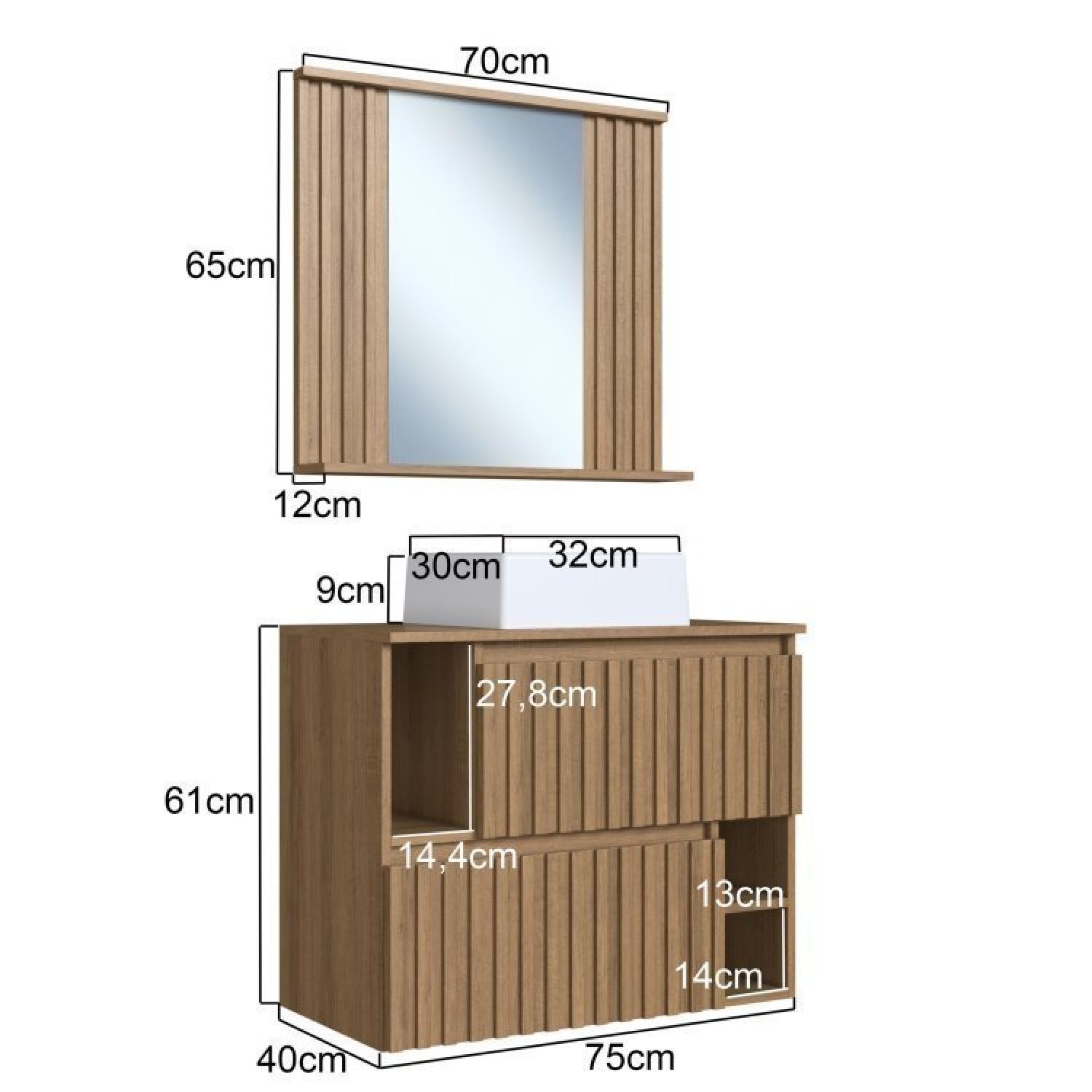 Conjunto para Banheiro Gabinete Suspenso 75cm com Cuba e Espelheira Ripada Luiza - 3