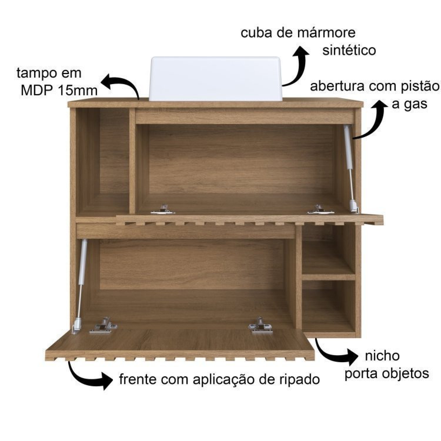 Conjunto para Banheiro Gabinete Suspenso 75cm com Cuba e Espelheira Ripada Luiza - 7