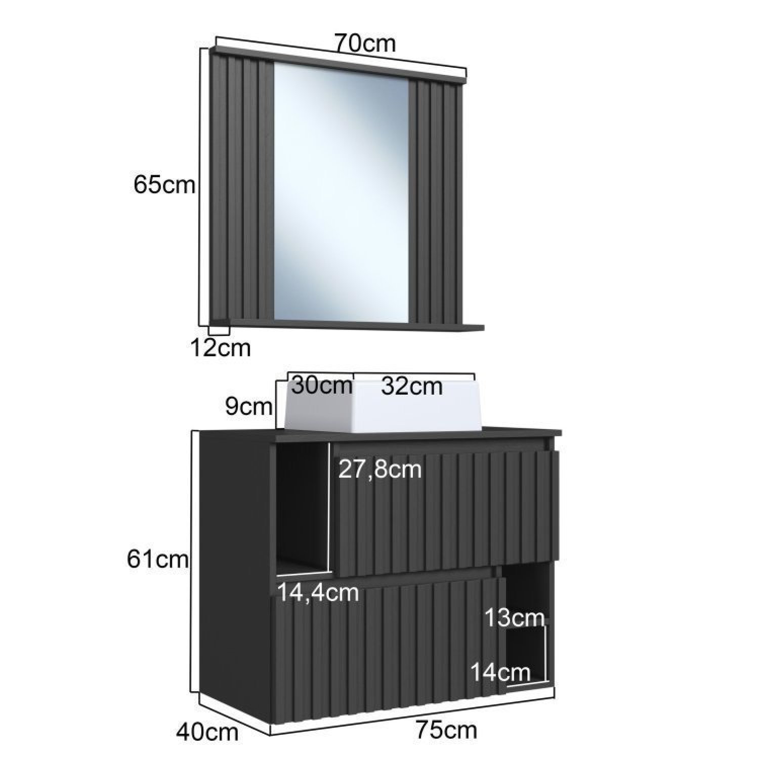 Conjunto para Banheiro Gabinete Suspenso 75cm 2 Portas com Cuba e Espelheira Ripada Luiza - 3