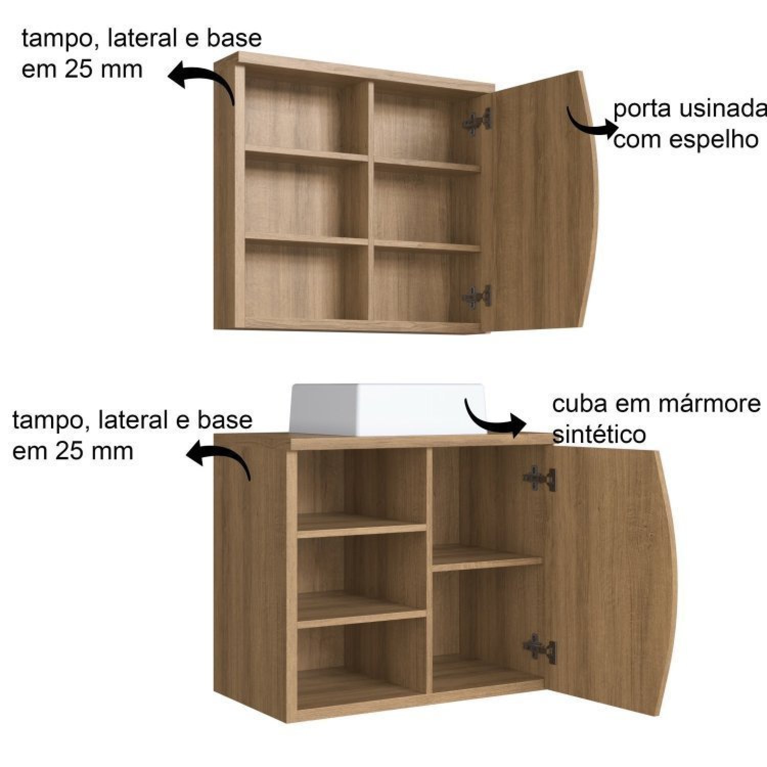 Conjunto para Banheiro Gabinete Supenso 70cm com Cuba e Espelheira 1 Porta 3 Nichos Laura - 5