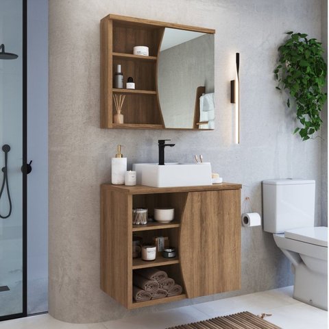 Conjunto para Banheiro Gabinete Supenso 70cm com Cuba e Espelheira 1 Porta 3 Nichos Laura