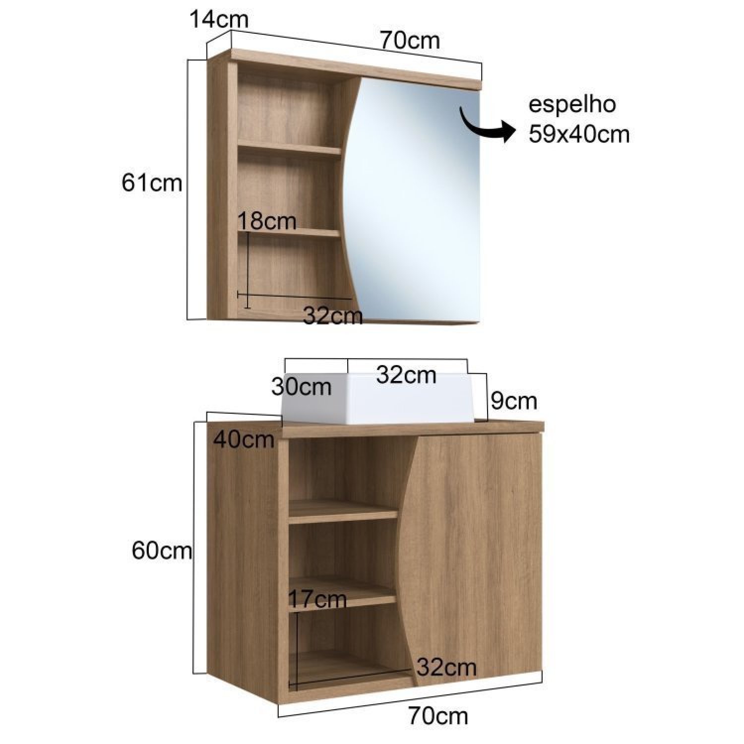 Conjunto para Banheiro Gabinete Supenso 70cm com Cuba e Espelheira 1 Porta 3 Nichos Laura - 4