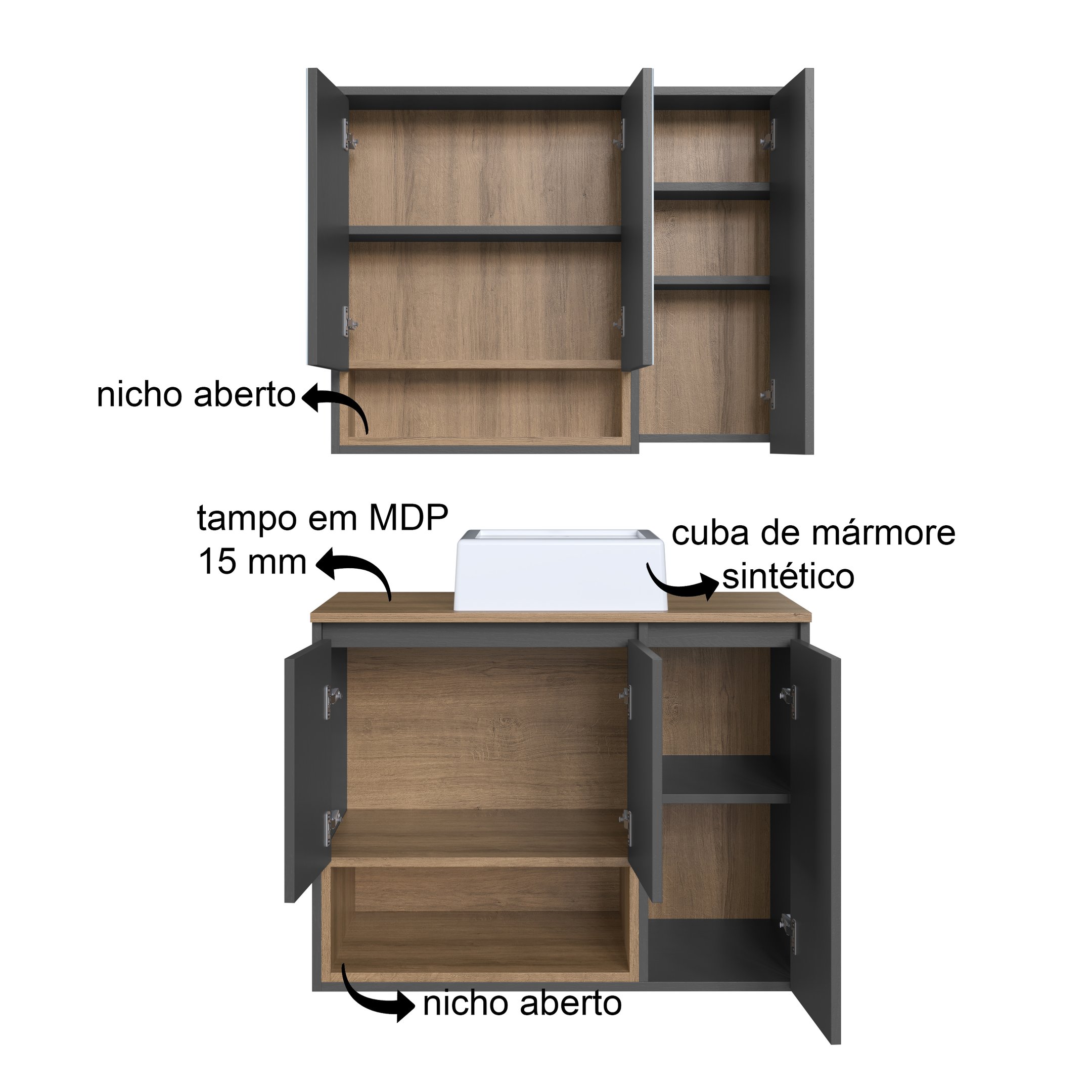 Conjunto para Banheiro Gabinete Suspenso 80cm com Cuba e Espelheira 3 Portas e Nicho Cecília - 5