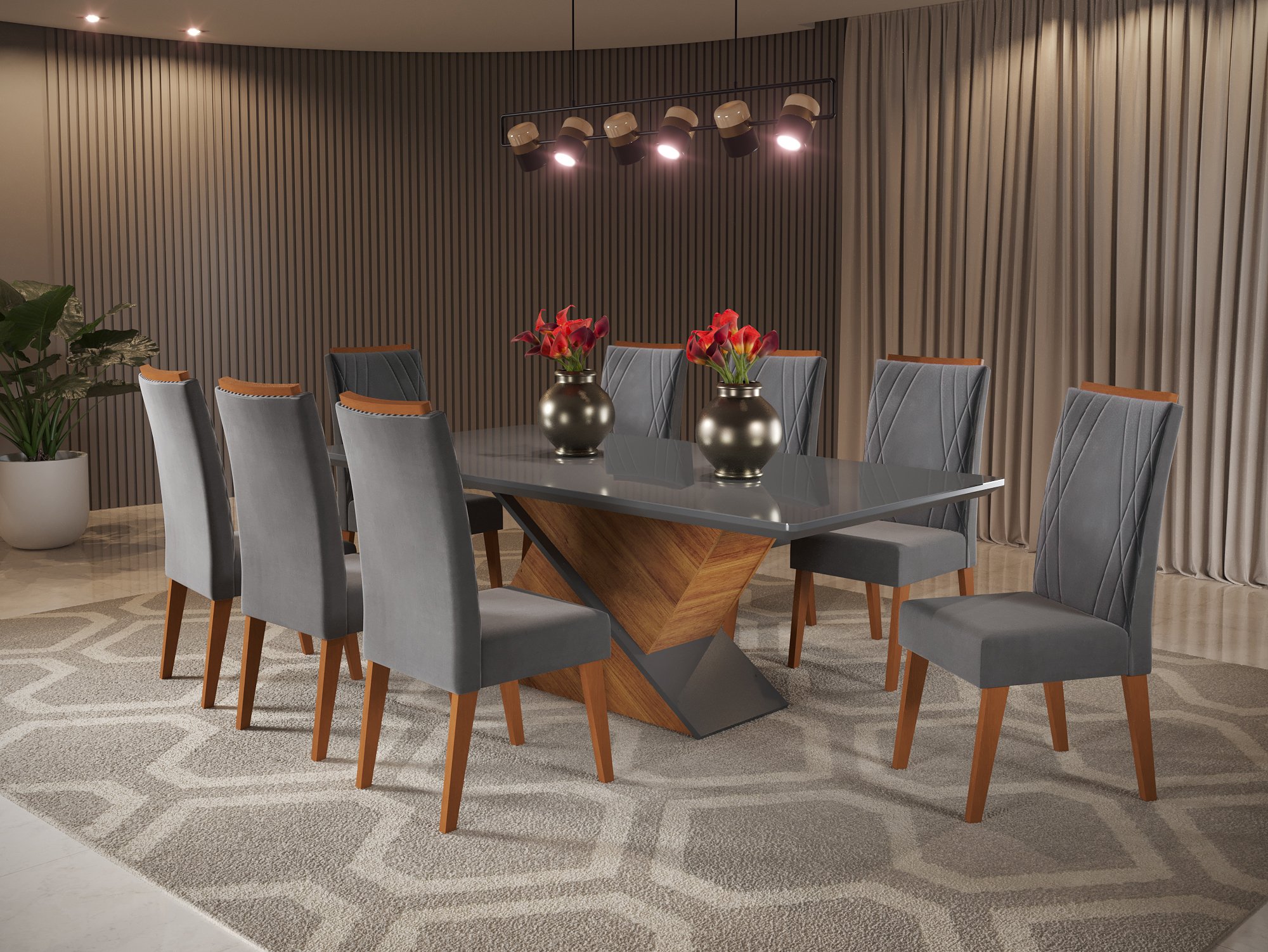 Mesa de Jantar Retangular Pipa com 8 Cadeiras Madeira Maciça Vegas 