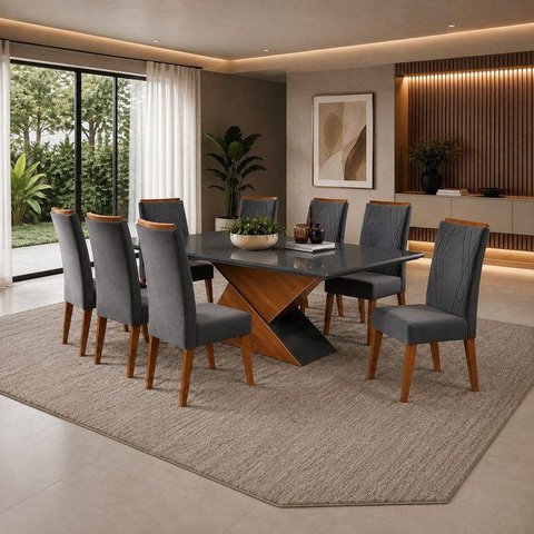 Mesa de Jantar Retangular Pipa com 8 Cadeiras Madeira Maciça Vegas Yescasa Cinza/Mel/Grafite