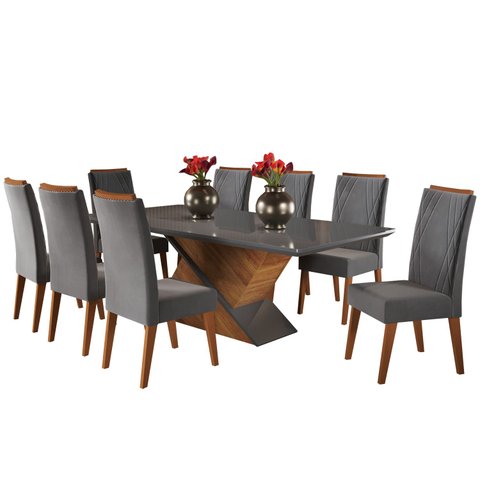 Mesa de Jantar Retangular Pipa com 8 Cadeiras Madeira Maciça Vegas 