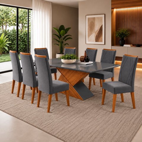 Mesa de Jantar Retangular Pipa com 8 Cadeiras Madeira Maciça Vegas Yescasa Cinza/Mel/Grafite