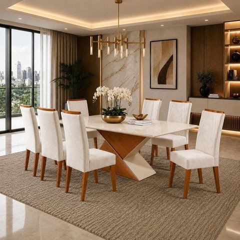 Mesa de Jantar Retangular Pipa com 8 Cadeiras Madeira Maciça Vegas Yescasa Bege/Mel/Marfim/Off Whit