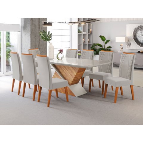 Mesa de Jantar Retangular Pipa com 8 Cadeiras Madeira Maciça Vegas Yescasa Bege/Mel/Marfim/Off White