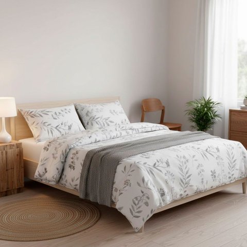 Jogo de Cama Lençol Queen Branco com Cinza 4 Peças