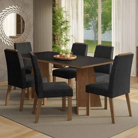 Conjunto Sala de Jantar Tampo de Madeira 6 Cadeiras Rustic/preto/oxford Minsk Madesa