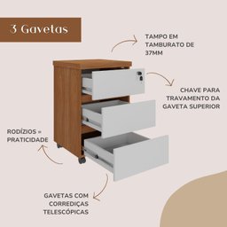 Gaveteiro 3 Gavetas com Rodinhas e Chave para Escritório - 9