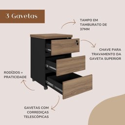 Gaveteiro 3 Gavetas com Rodinhas e Chave para Escritório - 7