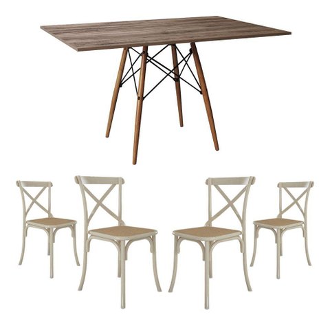 Jogo de Mesa Eiffel Retangular Tampo de Madeira 120x75cm Amêndoa com 4 Cadeiras Katrina Off White