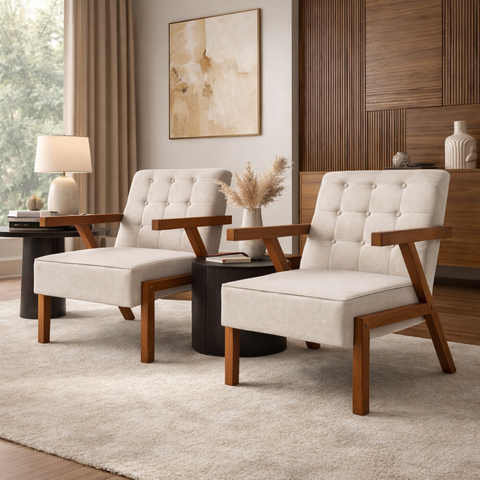 Kit 2 Poltronas Zara Tecido Linho Moderna Decorativa Braços Pés Madeira Maciça para Sala de Estar Es