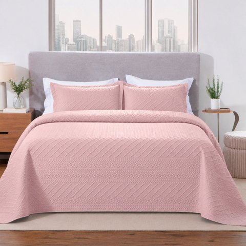 Colcha Matelassê - Queen Size - Madison 3D - Rose - Dupla Face - c/ Porta Travesseiros - Rozac