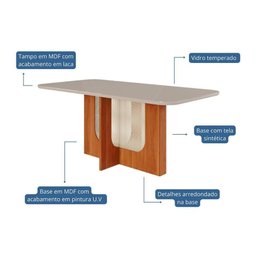 Mesa para Cozinha Louise com Tampo Madeirado com Vidro 180x90cm Cinamomo Off White Cimol - 2