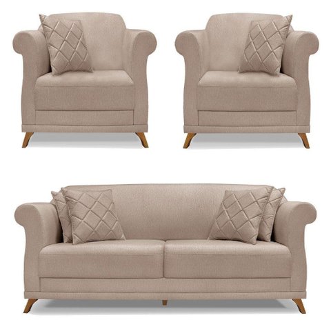 Kit 2 Poltronas E Sofá 2 Lugares 1,60m Areia Pés Castanho