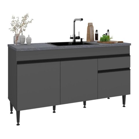 Balcão de Cozinha Gabinete Pia 150cm 3 Portas 1 Gaveta Milano Multimóveis Mp2387 Cinza