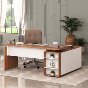 Mesa para Escritório Diretor em L Escrivaninha Porta de Correr e Caixa de Tomada