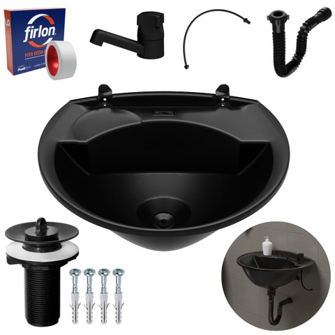 Pia Lavatório Banheiro 4L + Torneira Preta + Sifão Universal Sanfonado + Engate Flexível + Fita Veda