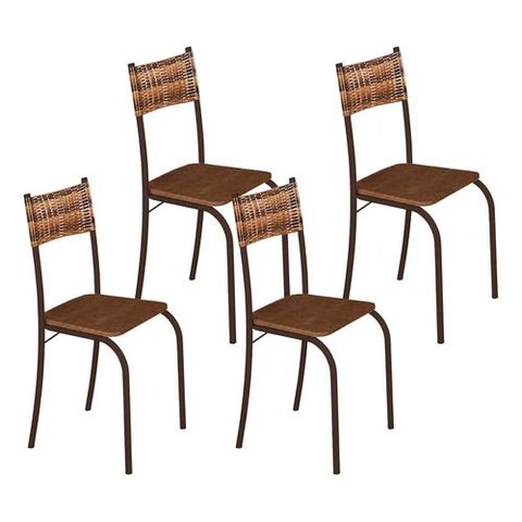 Kit 4 Cadeiras Atlanta Corino Marrom e Rattan Carvalho Tubo Marrom Cafe