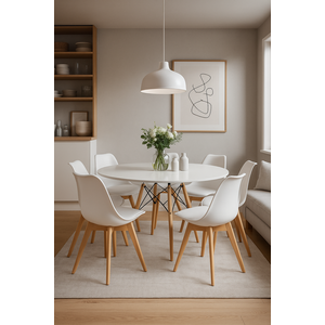 Conjunto Mesa de Jantar Redonda Eiffel 120cm com 6 Cadeiras Estofadas Saarinen – Tampo Mdf.