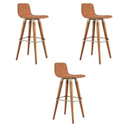 Kit 3 Banquetas Altas Luxo Linea Aço Champanhe Linho Terracota Base Carvalho - 2
