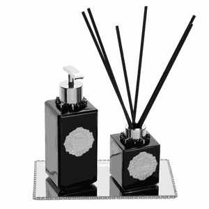 Kit Lavabo 3 produtos vidros pretos enfeites prateados - Fragrância: Mel e Limão