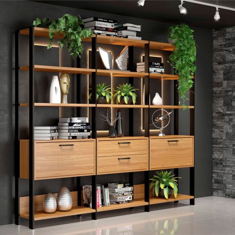 Estante em Mdf para Livros 2 Portas 2 Gavetas Estilo Industrial E93 Freijó Preto Fosco Dalla Costa