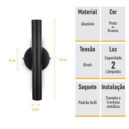 Kit 2 Arandela Foco Duplo Slim Palito - Preto + Led Gu10 - 5