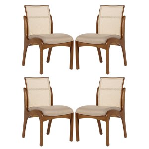 Kit 4 Cadeiras para Mesa de Jantar Lisboa com Encosto Tela Madeira Maciça Linho Bege M58 Rmi