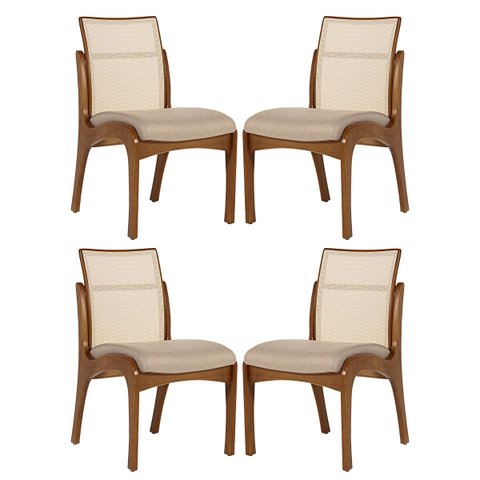 Kit 4 Cadeiras para Mesa de Jantar Lisboa com Encosto Tela Madeira Maciça Linho Bege M58 Rmi