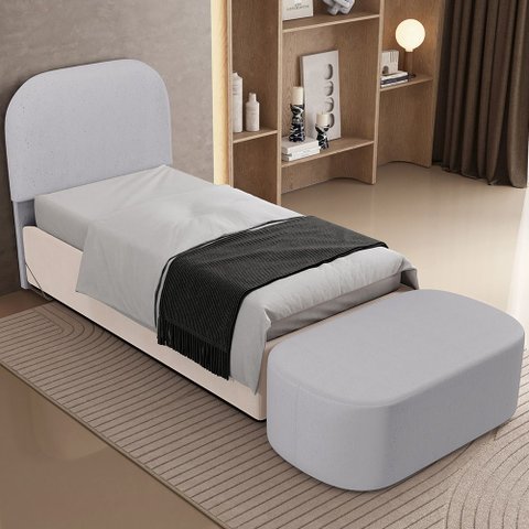 Cabeceira Cama Box 100cm Lanna com Puff Recamier Doha W01 Linho Cinza - Lyam Decor