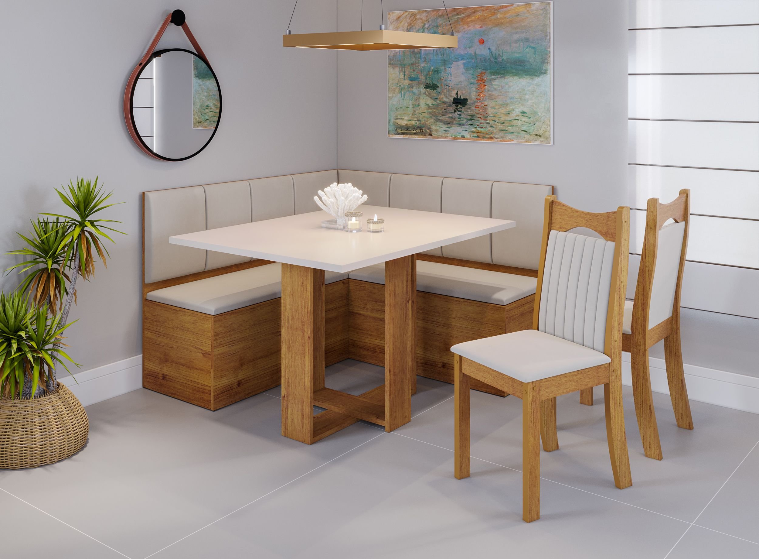 Conjunto Canto Alemão Baú América com Mesa de Jantar Retangular 1,20x80 e 2 Cadeiras Dalas