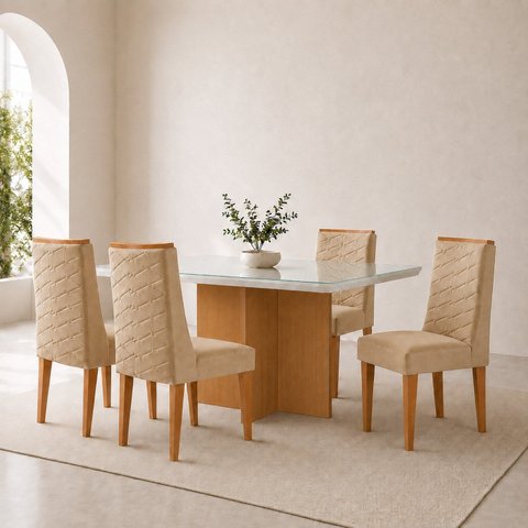 Conjunto Sala de Jantar Mesa Moscou Tp Vidro Canto Copo com 4 Cadeiras Mariana