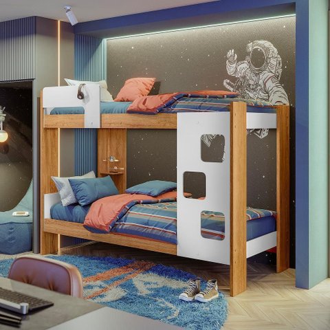 Beliche Infantil Cama Infantil com Escada Frontal Vegas Branco/Amadeirado