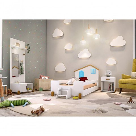 Cama Infantil Casinha Branco Mel e Azul com 2 Luminárias e Colchão