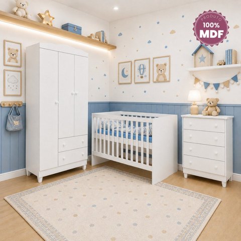 Quarto de Bebê Completo Berço Americano Cômoda Guarda-Roupa 3 Portas Gabi Yescasa