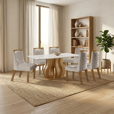 Sala de Jantar 6 Cadeiras Estofadas Atena e Mesa Retangular com Tampo de Vidro Nuance Castanho/Cinamomo/Bege
