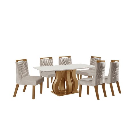 Sala de Jantar 6 Cadeiras Estofadas Atena e Mesa Retangular com Tampo de Vidro Nuance Castanho/Cinamomo/Bege