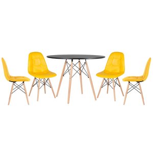 KIT - Mesa redonda Eames 100 cm preto + 4 cadeiras estofadas Eiffel Botonê Amarelo